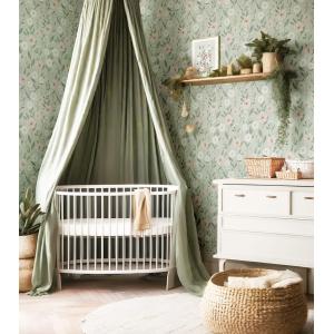 Papel pintado flores rosas y blancas sobre fondo verde, 50…