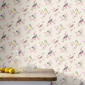 Papel pintado pájaros en ramas rosa topo 1005x52cm