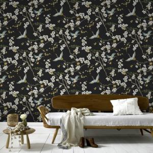 Papel pintado pájaros japoneses negro 1005x52cm