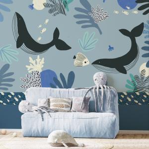 Papel pintado panorámico ballenas y fondos marinos beige 22…