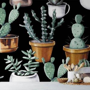 Papel pintado panorámico cactus y macetas de cobre. 364x270…