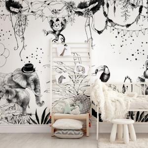 Papel pintado panoramico Circo en la jungla, Blanco y negro