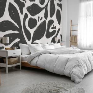 Papel pintado panorámico con motivos vegetales, Gris oscuro