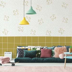 Papel pintado panorámico con zócalo y pájaro, Amarillo 150…