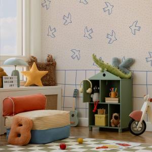 Papel pintado panorámico con zócalo y pájaro, Beige 375 x 2…