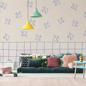 Papel pintado panorámico con zócalo y pájaro beige 375x250c…