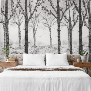 Papel pintado panoramico de bosque de abedules blanco y neg…