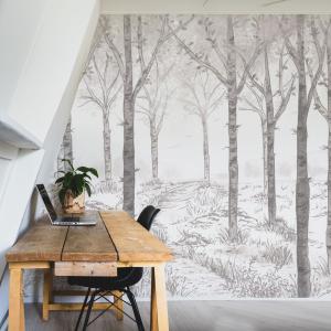 Papel pintado panoramico de bosque de abedules gris 300x250…