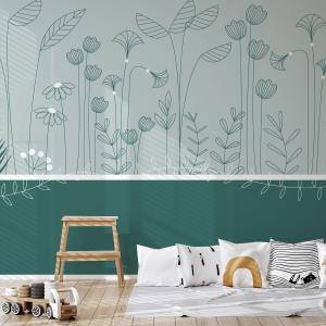 Papel pintado panorámico flores trepadoras con zócalo verde…