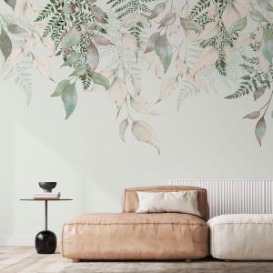 Papel pintado panorámico guirnalda de vegetación verde clar…