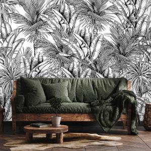 Papel pintado panorámico hojas de plátano b/n 364x270cm