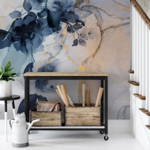 Papel pintado panorámico mármol y flores