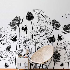 Papel pintado panorámico nympheas blanco y negro 340x250cm