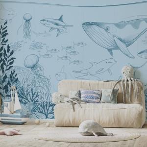 Papel pintado panorámico Océano y animales marinos, Azul 52…