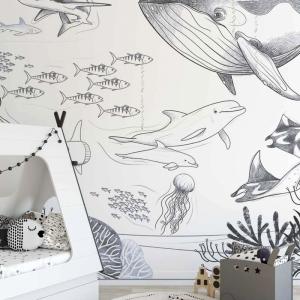Papel pintado panorámico Océano y animales marinos, Blanco…
