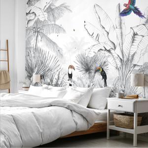 Papel pintado panorámico paisaje tropical blanco y negro 22…