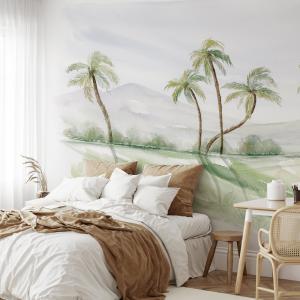 Papel pintado panoramico palmeras en acuarela colores 150x2…