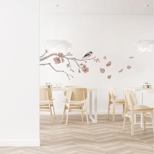 Papel pintado panorámico rama de flor de cerezo crema 300x2…