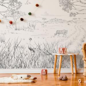 Papel pintado panorámico Safari a Tanzania, Blanco y negro…