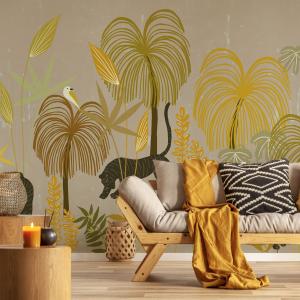 Papel pintado panoramico selva tropical con tigres color am…