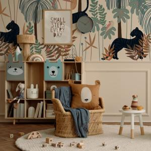 Papel pintado panoramico selva tropical con tigres color, Be