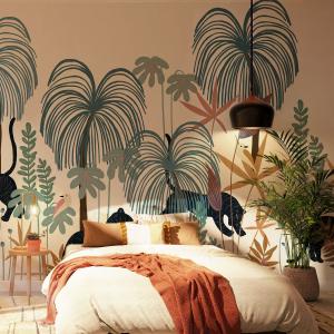 Papel pintado panoramico selva tropical con tigres color be…