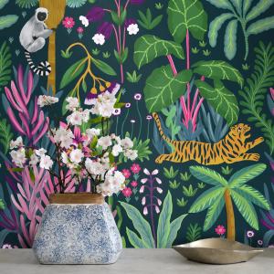 Papel pintado selva tropical con monos y tigres,8 hojas