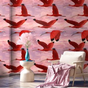 Papel Pintado Tropical Rosa Pájaros al Atardecer 250x200 cm