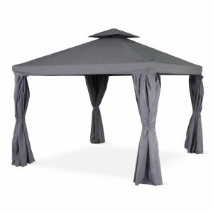 Pérgola de aluminio gris 3x3m, con cortinas corredizas