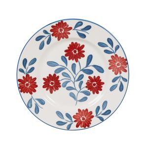 Plato de postre de cerámica blanca con flores azul y rojo