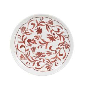 Plato de postre de cerámica blanca y flores burdeos