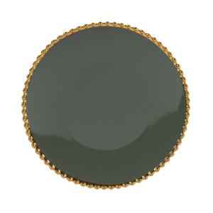 Plato de postre de cerámica verde con perlas doradas