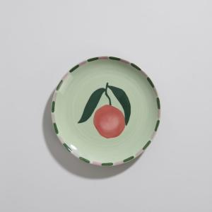 Plato de postre de cerámica verde, naranja y rosa con fruta…
