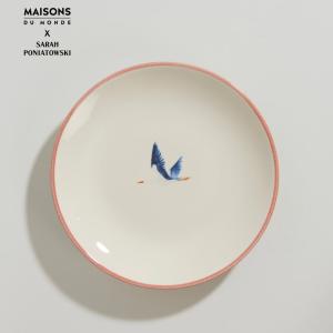 Plato de postre de gres crudo con pájaro y borde rosa