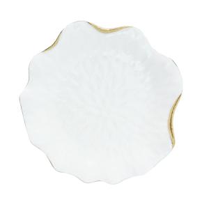 Plato de postre de porcelana blanca con bordes dorados