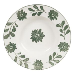 Plato hondo de cerámica blanca y flores y hojas verdes