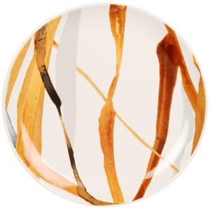 Plato llano de cerámica blanca con dibujos amarillo, marrón…