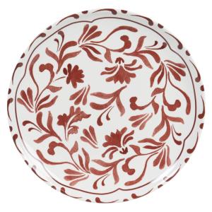 Plato llano de cerámica blanca y flores burdeos