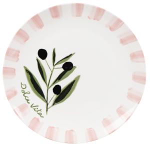 Plato llano de porcelana blanca, verde, rosa y negra