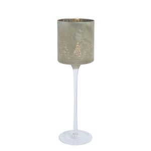 Portavelas con pie de vidrio esmerilado gris y oro claro h30
