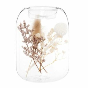 Portavelas de cristal con flores secas
