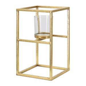 Portavelas de metal dorado con vaso de vidrio cm 15x15x25