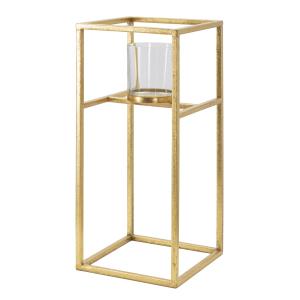 Portavelas  de metal dorado con vaso de vidrio cm 15x15x35