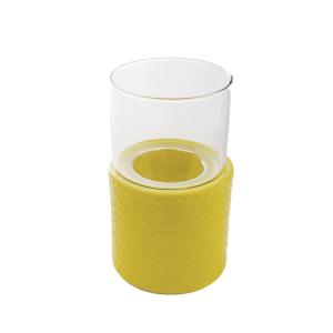 Portavelas decorativo de gres y vidrio amarillo h19