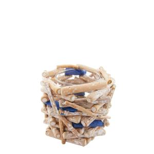Portavelas decorativo de madera flotante azul y beige d20