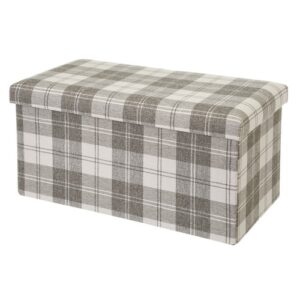 Púf arcón de cuadros de tela y MDF  beige y marrón