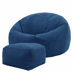 Puf con reposapiés cuadrado de pana azul denim