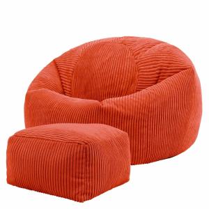 Puf con reposapiés cuadrado de pana naranja terracota