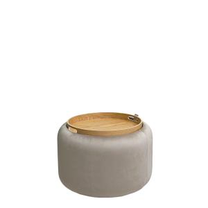 Puf contenedor de terciopelo beige con tapa de madera