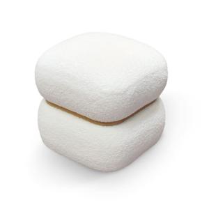 Puf cuadrado en tejido efecto lana blanco y aro de madera
